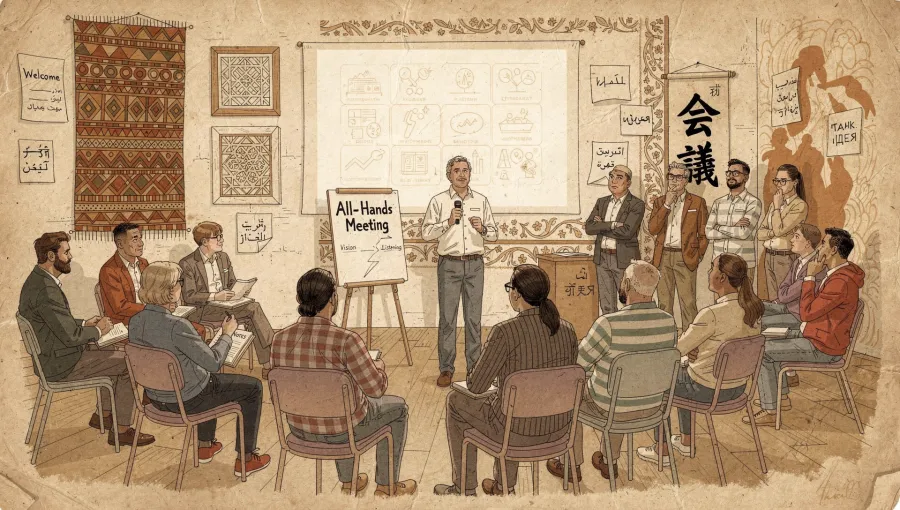 executive speaking at a company all-hands with employees listening and taking notes
