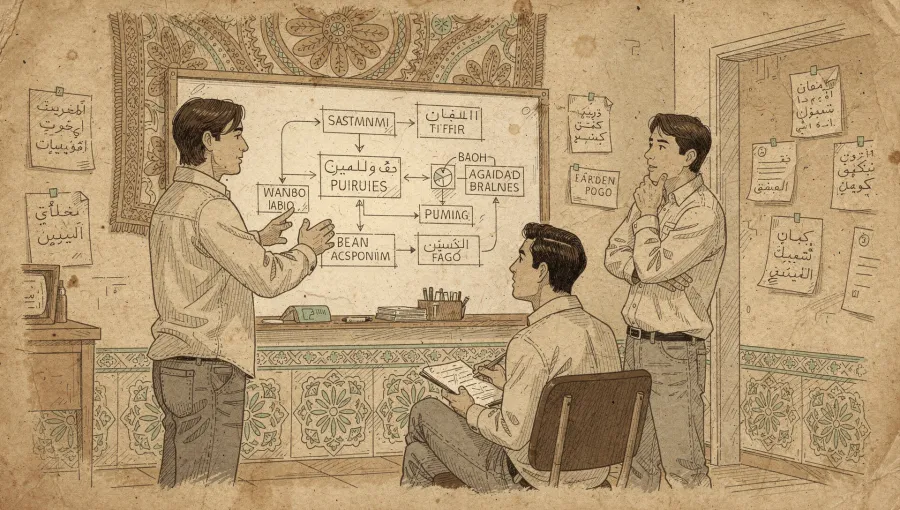 small engineering team in a focused technical discussion around a whiteboard, calm and deliberate