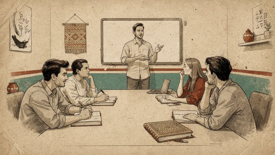 product manager presenting to a quiet attentive team in a minimal meeting room