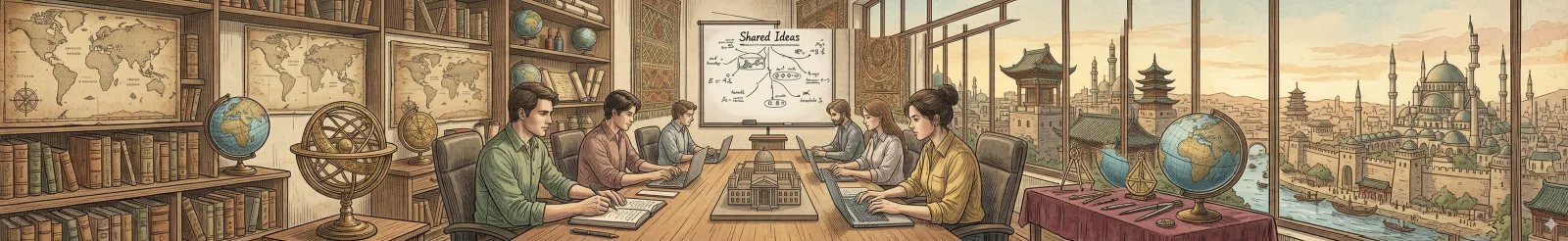 Wide abstract banner illustration of threaded written conversation lines flowing across a warm parchment background