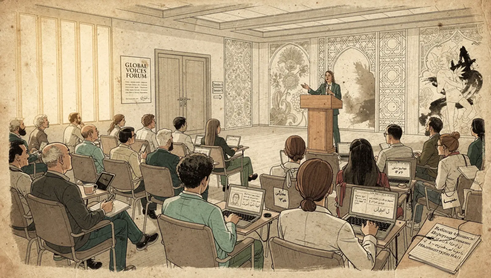Modern conference room with a speaker at a podium, audience members checking their phones, warm ambient architectural lighting
