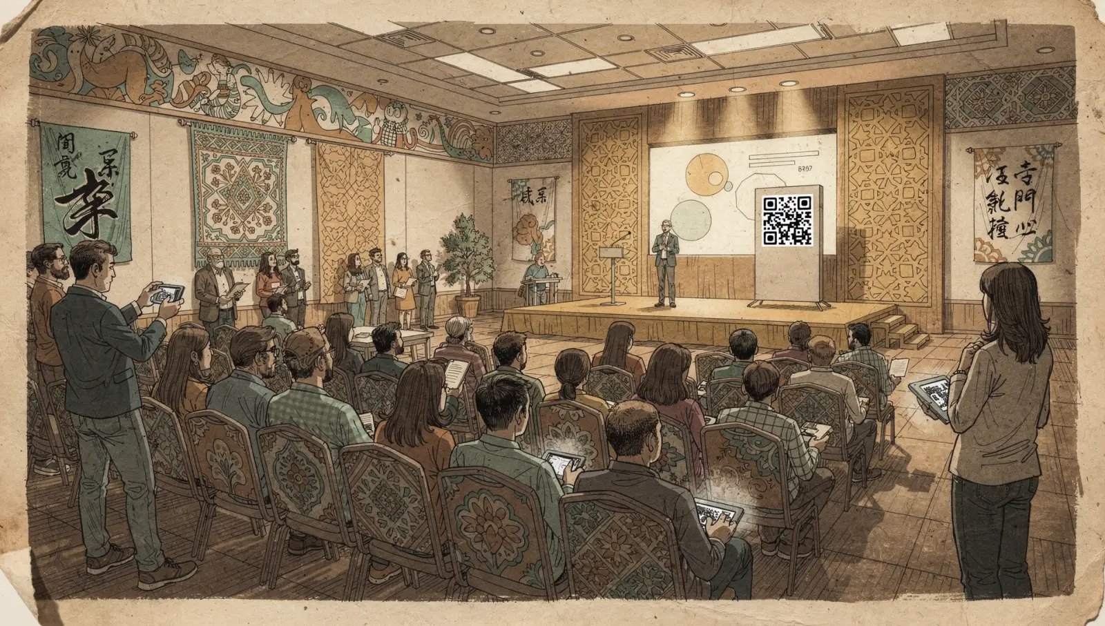 Speaker presenting slides on stage while audience members scan a QR code with their phones in a conference hall