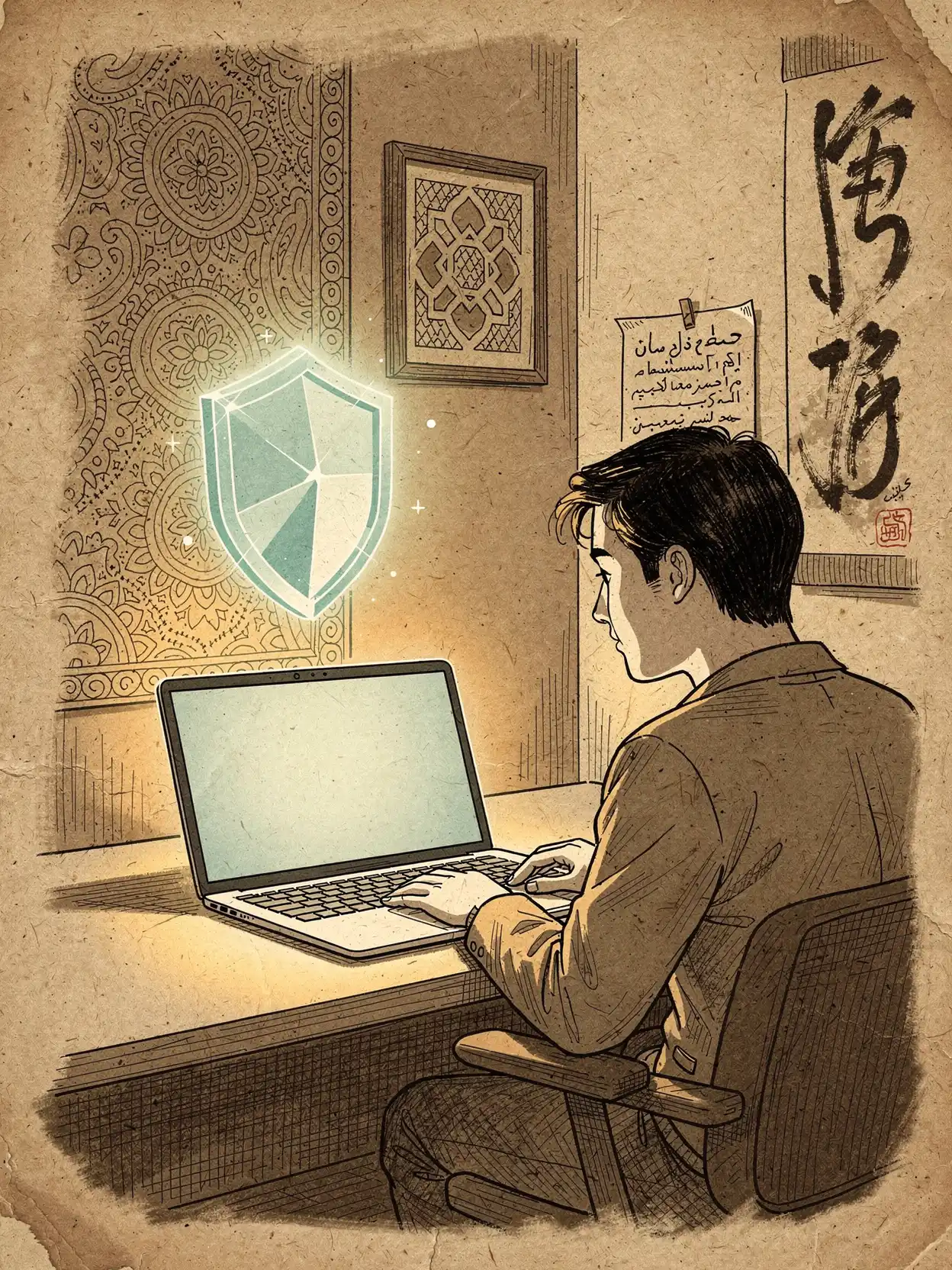 modern digital privacy shield glowing over a laptop in a clean minimal office environment