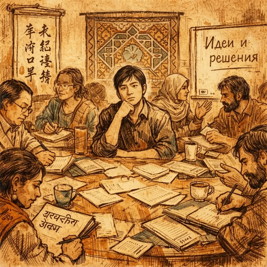 Warm editorial line-art illustration of ideas surfacing from a written page