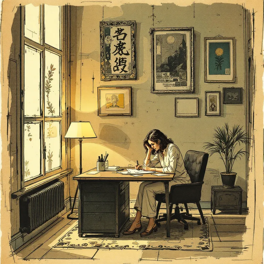 Pen-and-ink sketch of a person writing thoughtfully at a desk, editorial line drawing on warm parchment tones
